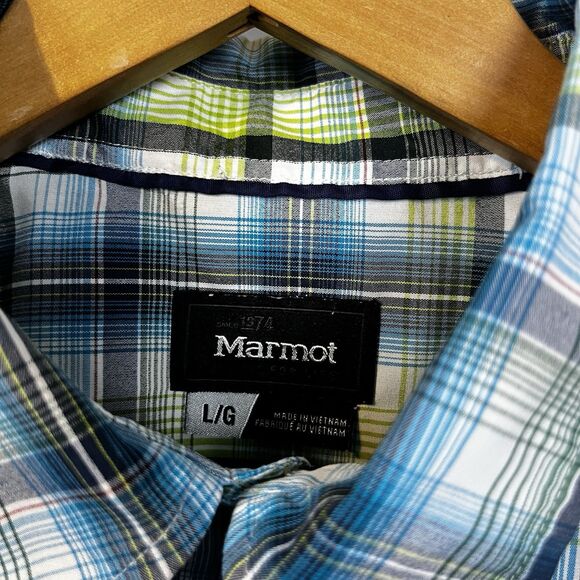 Marmot For Life Mens Gorpcore Button Up Short Sleeve Size L Blue Green Plaid - Picture 3 of 14